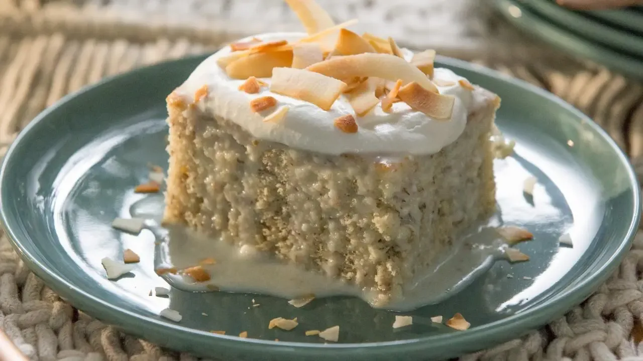 Coconut Tres Leches Cake with Whipped Cream and Toasted Coconut