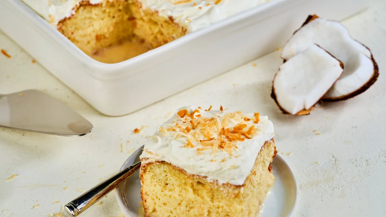 Coconut Tres Leches Cake with Whipped Cream and Toasted Coconut